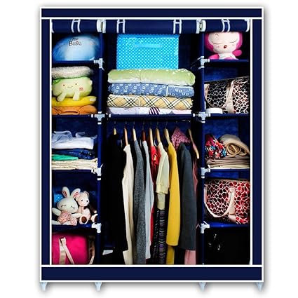New Blue Triple Canvas Wardrobe With Shelves Bedroom Storage