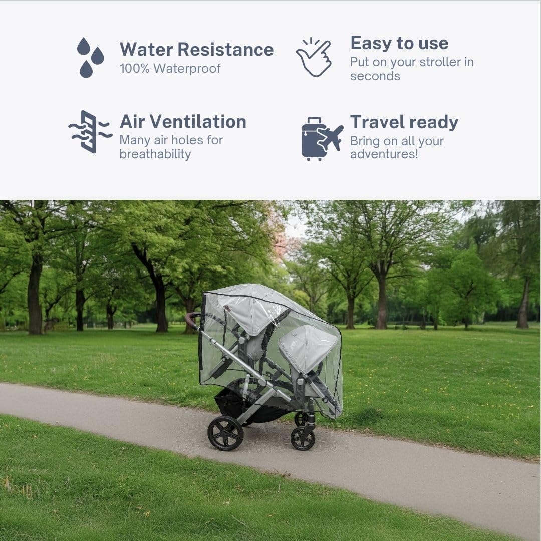 SASHA'S Double Rain and Wind Cover Made for UPPAbaby Vista V2/V3 Double Stroller System w/RumbleSeat - Clear, Ventilation Holes, Maximum Coverage, Made in USA (Stroller not Included)