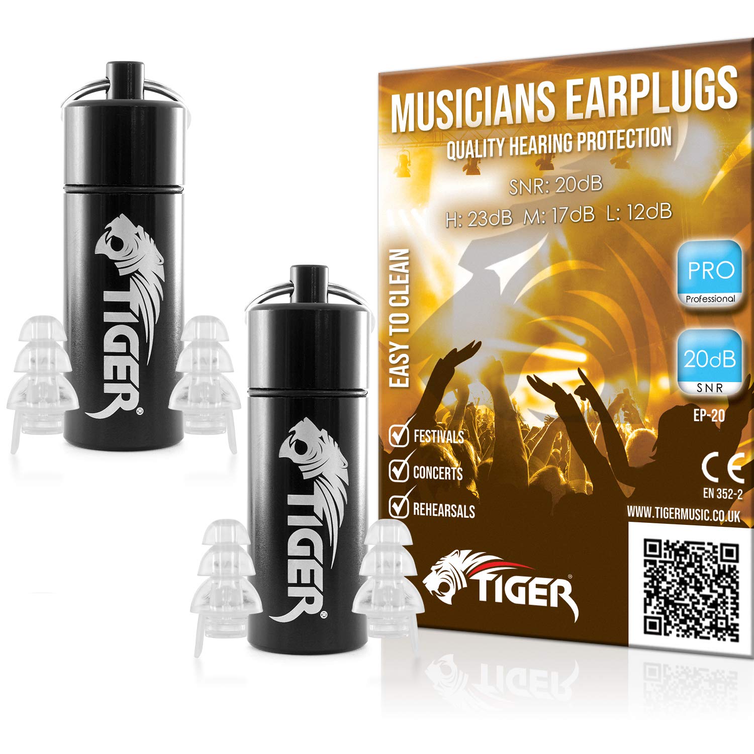 TIGER EP-20-2 Professional Musician's Filter Earplugs - Hearing Protection Ear Plugs SNR 20dB – Pack of 2