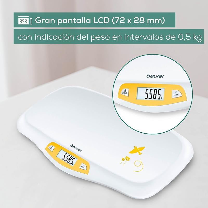 BY 80 Báscula para bebés, con superficie curvada y segura, capacidad de 20 kg, función de tara y retención para bebés que patalean, medición y visualización en pasos de 5 g