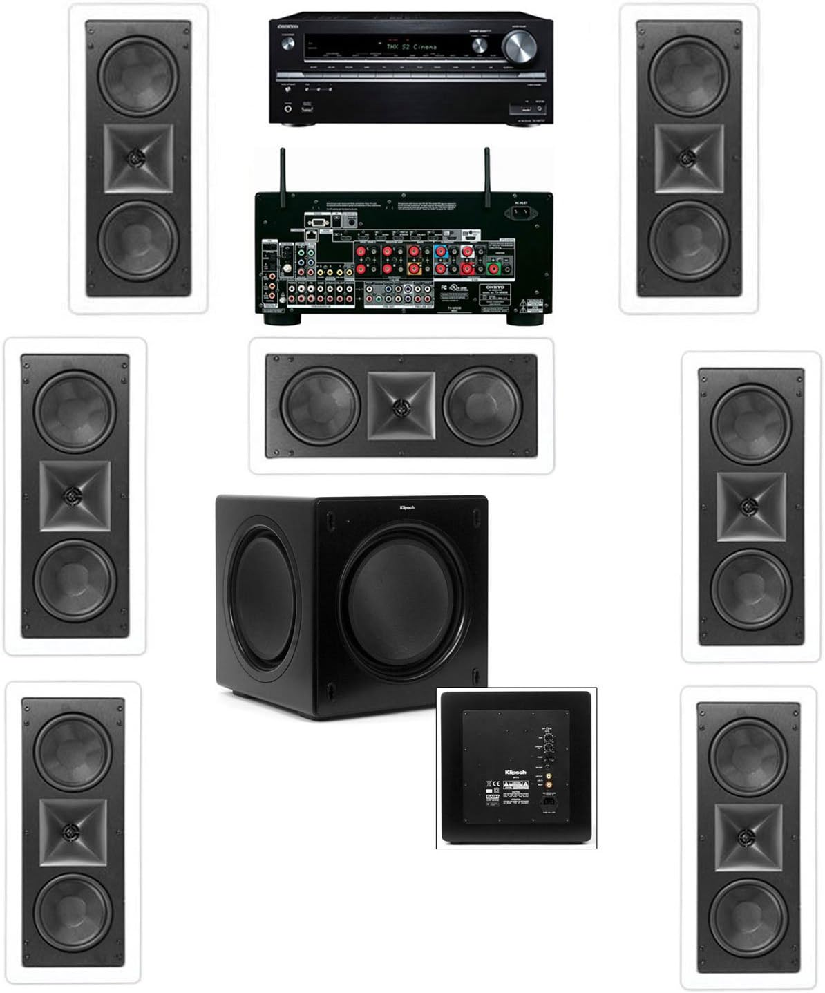 Klipsch KL-6502-THX in-Wall LCR Speaker 7.1-SW-310-Onkyo TX-NR838 7.2 Channel - 7 Speakers