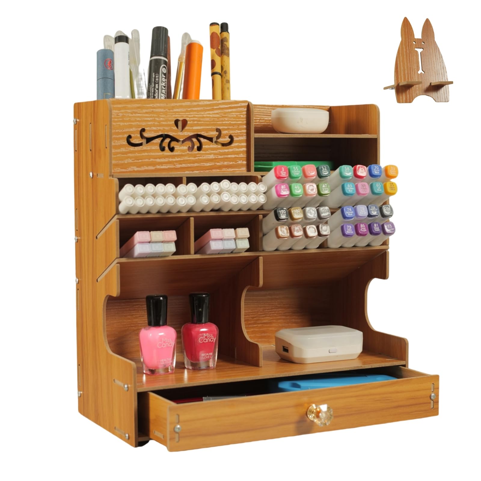 Photo 1 of UXPEYIC Wooden Desk Organizer with Drawer, Multi-Functional DIY Pen Holder, Desktop Stationary Rack, Home Office Art Supply Storage Organizer