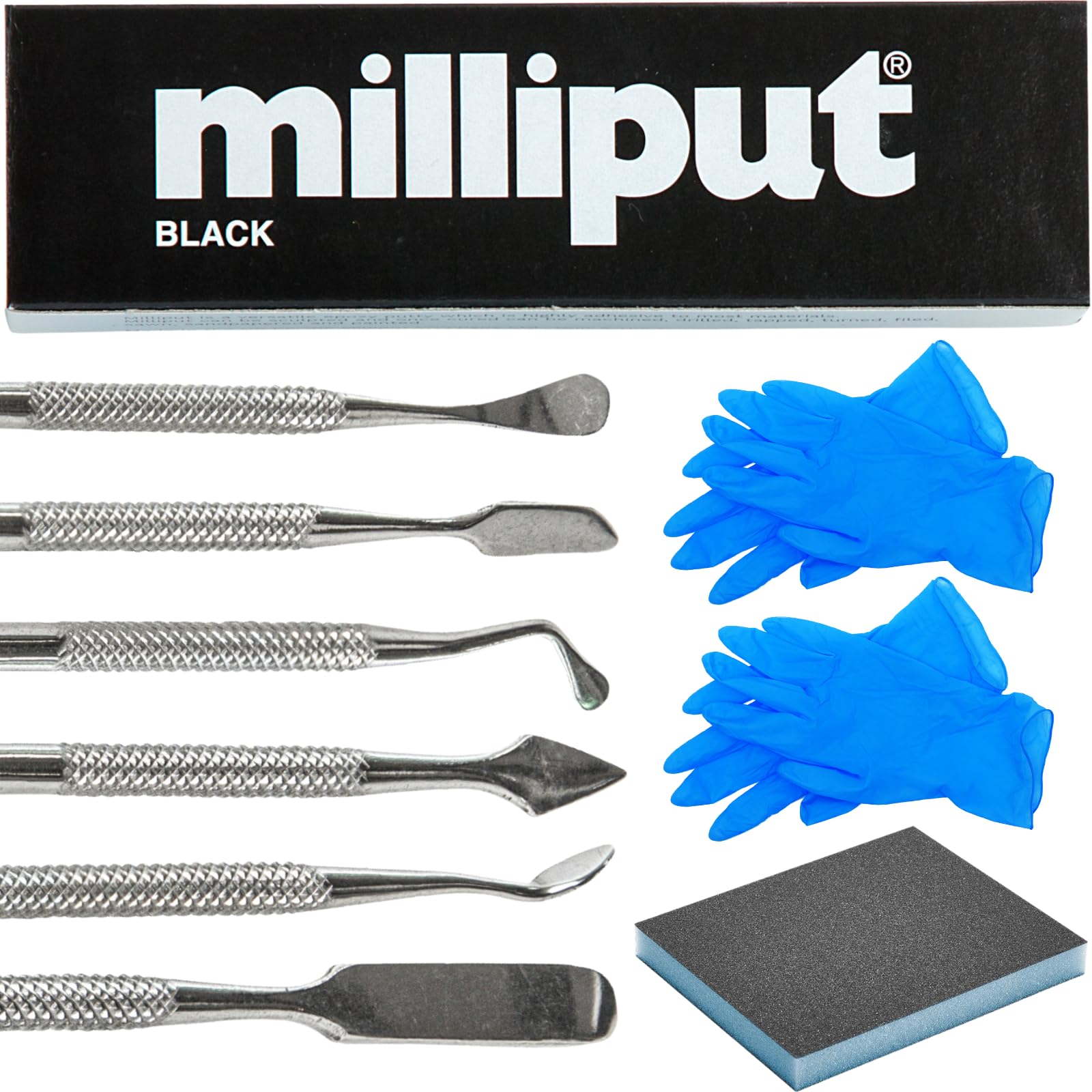 Milliput Epoxy Putty 10 Piece Epoxy Resin Kit, Black Version - with Sculpting Tools, Sanding Pad and Gloves - Plumbers Putty - Shower Tray, Plastic Bath, Enamel, Hot Tub and Fibreglass Repair Kit