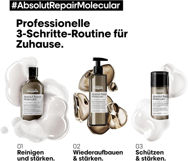 L'Oréal Professionnel Shampoo für strukturgeschädigtes Haar, Zur molekularen Tiefenreparatur, Mit Peptidbondern und 5 Aminosäuren, Serie Expert, Absolut Repair Molecular Shampoo, 500 ml