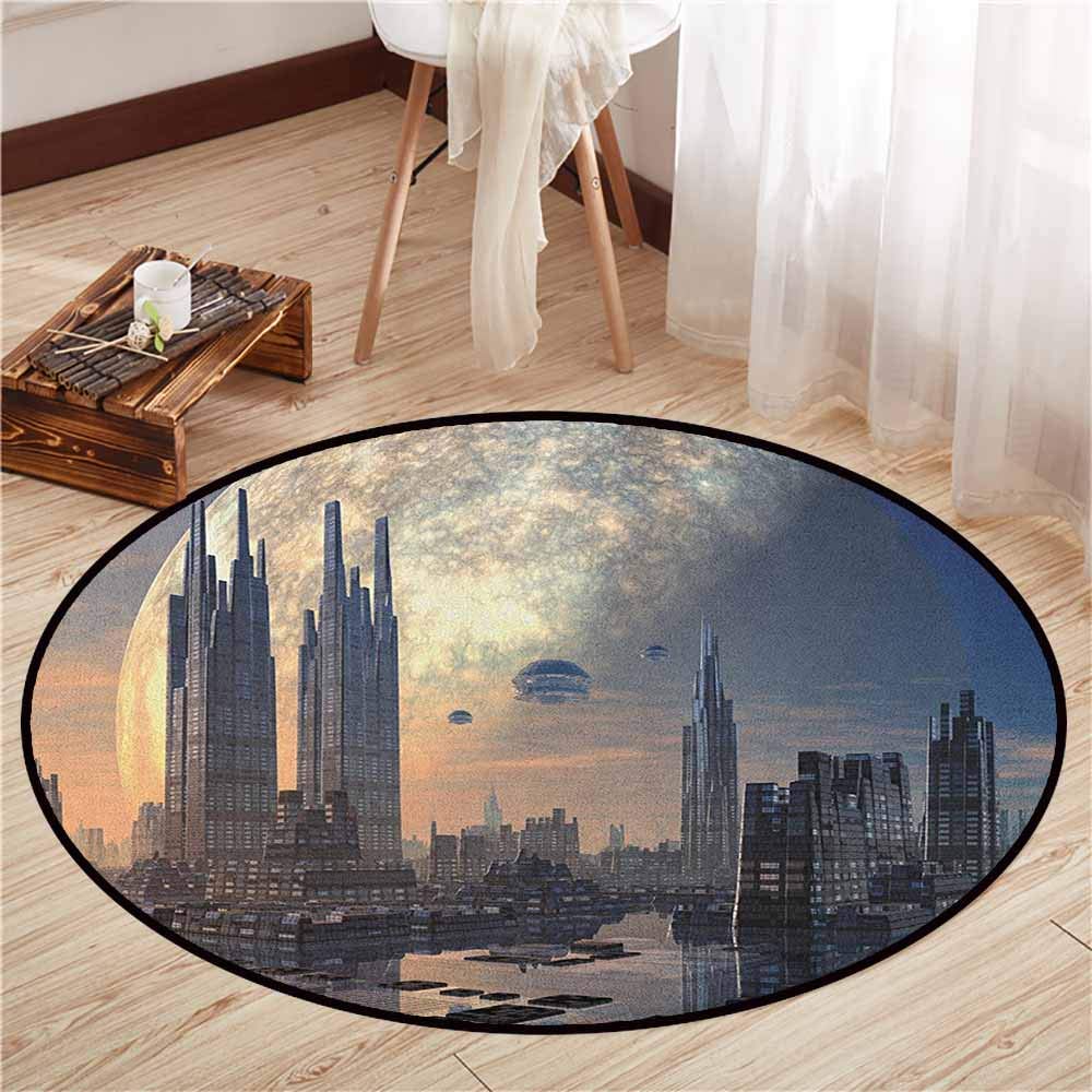 Area Round Rugs,City,Spacecraft in Formation Futuristic Alien City on Water Huge Planet in The Backdrop,Anti-Slip Doormat Footpad Machine Washable,3'11" Peach Tan Blue