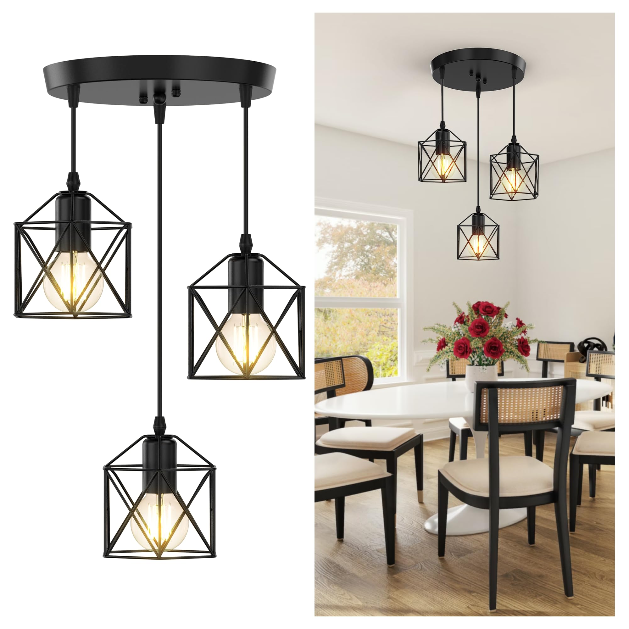 Photo 1 of Phaosio 3-Light Pendant Lighting, Farmhouse Hanging Light Fixture for Kitchen Island & Dining Room, Industrial Vintage Ceiling Lamp with E26 Base, Adjustable Height, Matte Black
