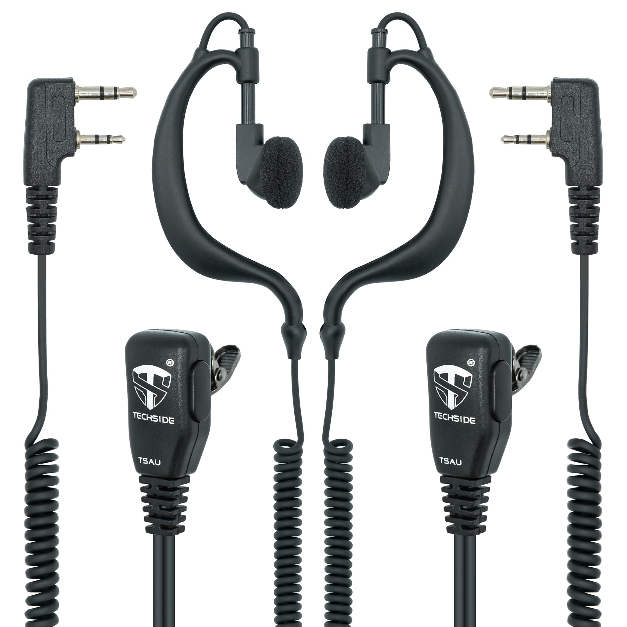 TechSide 2-Pin Coiled Kenwood Earpiece Microphone | Two-Way Radios | Compatible with TI-F8+, Midland G10 G11V CT890 BaoFeng UV-82 UV5RA | Surveillance Security SoftAir (2 Pieces)