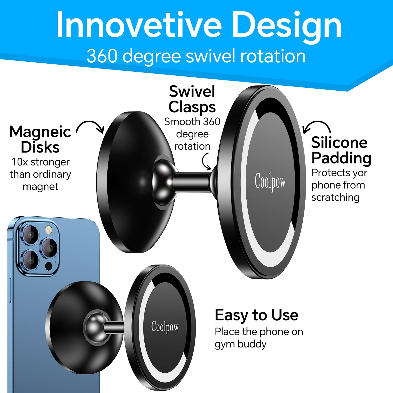 Gym Magnetic Phone Holder Mount for MagSafe【All Metal】Dual Magnetic Phone Holder for Gym Accessories Attach to Metal Surface, Gym Phone Holder Magnet for iPhone 16 15 14 13 Pro Max Gift for Men Women