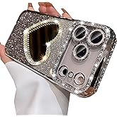 Changjia Glitter Mirror Case for iPhone 17 Pro,Cute Luxury Diamond Heart Makeup Mirror Bling Sparkly Rhinestone with Camera Lens Protector Plating Bumper Women Girls Case for iPhone 17 Pro 6.3",Silver