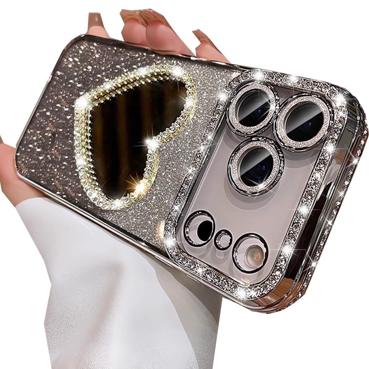 Changjia Glitter Mirror Case for iPhone 17 Pro Max,Cute Luxury Diamond Heart Makeup Mirror Bling Sparkly Rhinestones with Camera Protector TPU Bumper Women Girls Case for iPhone 17 Pro Max 6.9",Silver