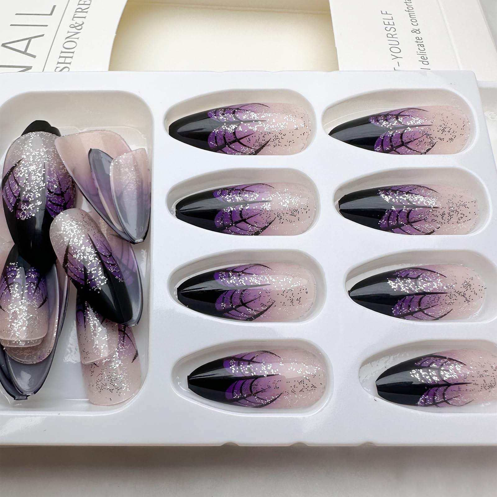 Halloween Press on Nails Short Almond Fake Nails Black Spider Web French Tip Acrylic Glue on Nails Full Cover Purple Gradient False Nail Stick on Nails Glossy Shiny Glitter False Nail for Women 24Pcs - Image 6
