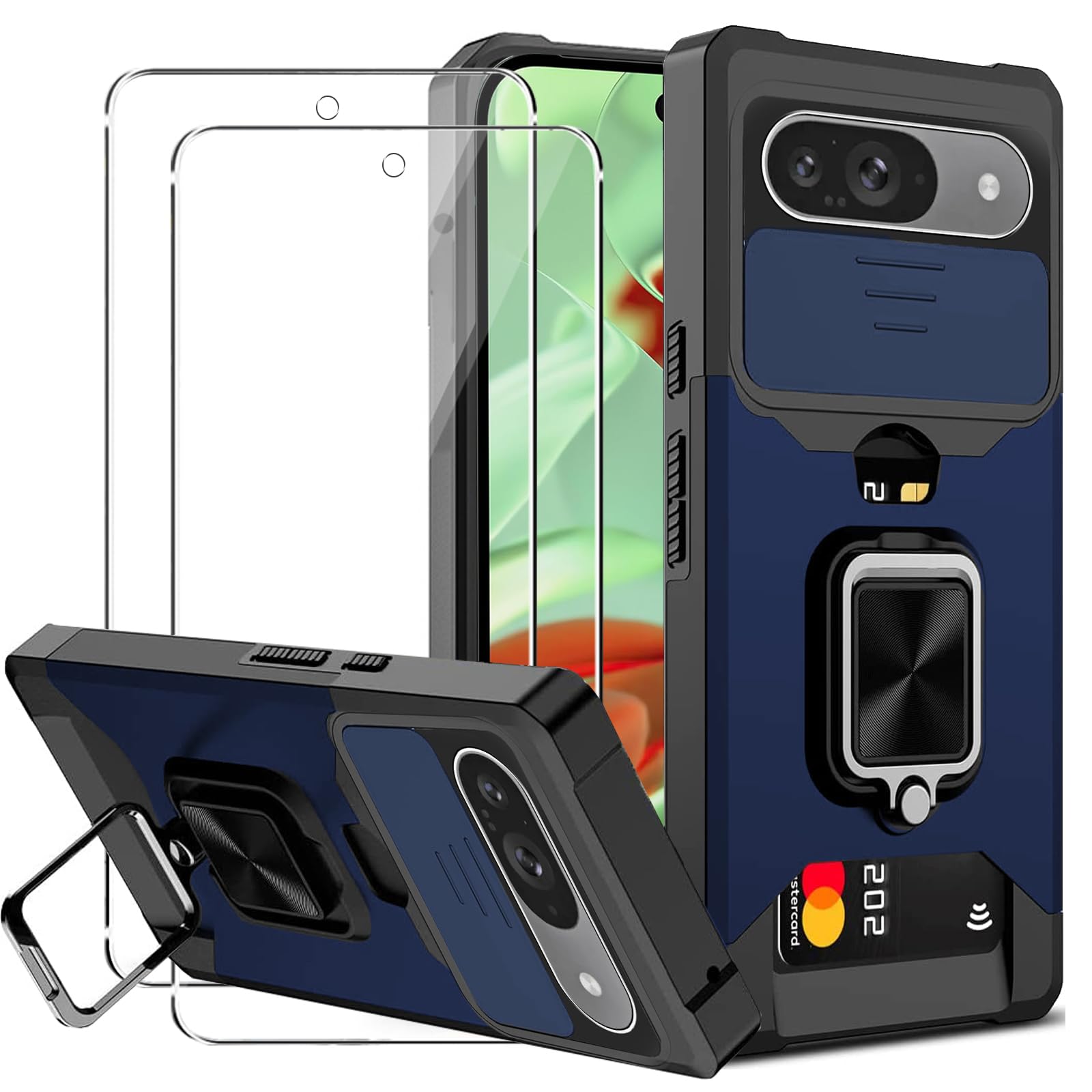 KZIOACSH Case for Google Pixel 10/10 Pro/9/9 PRO with 2 Tempered Glass, Military Grade Shockproof Case [360°Magnetic Kickstand][Slide Camera Lens][Removable Card Holder] Full-Body Cover Shell, Blue