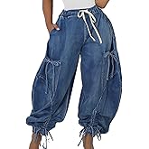 Symina Women's Baggy Cargo Jeans Wide Leg Denim Pants Drawstring Harem Pants Joggers Trousers with Pockets Sweatpants