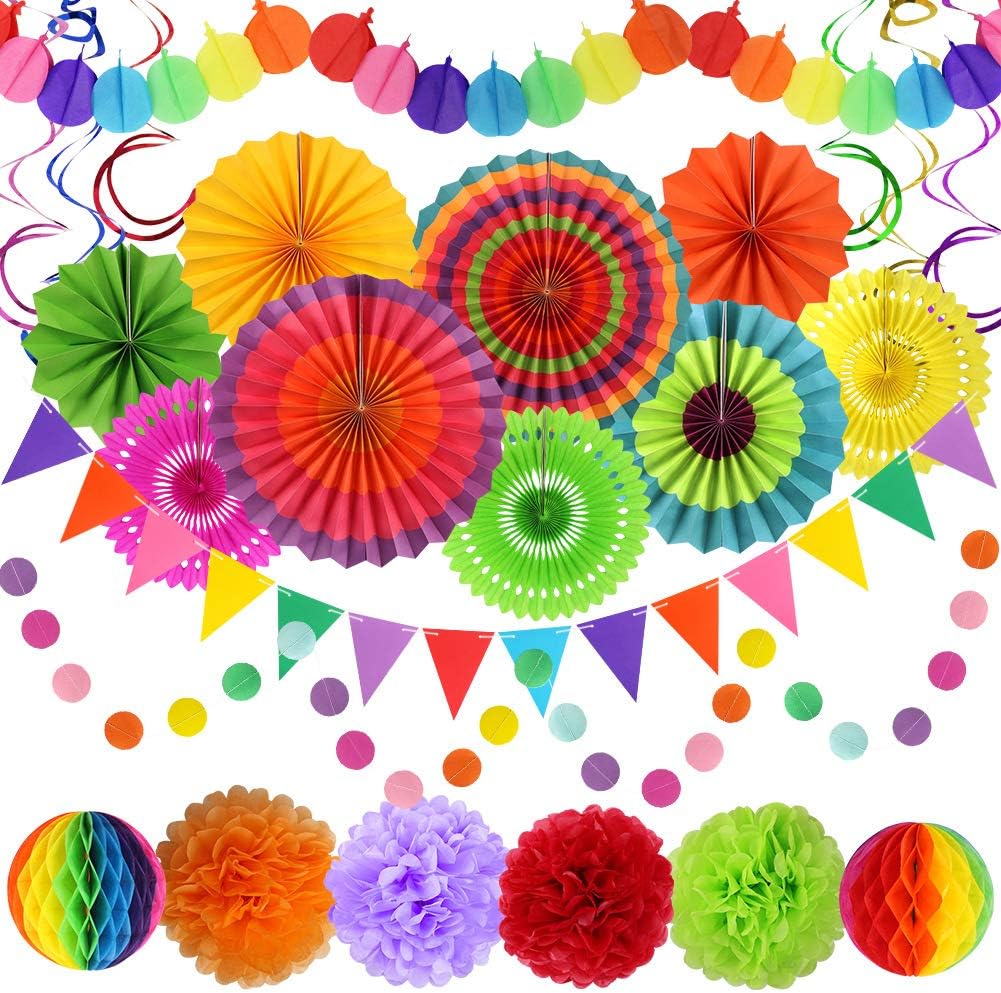Mexican Party Decorations, Fiesta Party Supplies Hanging Paper Fans Pom Poms Flowers Swirls Garlands String Polka Dot and Triangle Bunting Flags for Birthday Parties Rainbow Party: Health & Personal Care