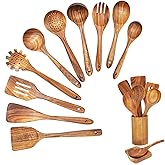 12 Pcs Wooden Spoons for Cooking with Holder, Kitchen Utensils Set Utensils Wooden Spatulas for Cooking (12 PCS)
