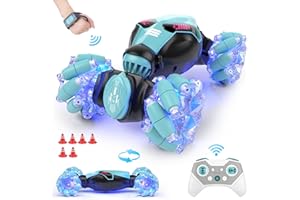 Powerextra Remote Control Car, 4WD 2.4GHz RC Stunt Car, Watch Gesture Sensor Car, Double Sided Rotating Off Road Vehicle 360° Flips with 2 Batteries, Deformable Electric Car Kids Toy Cars - Green