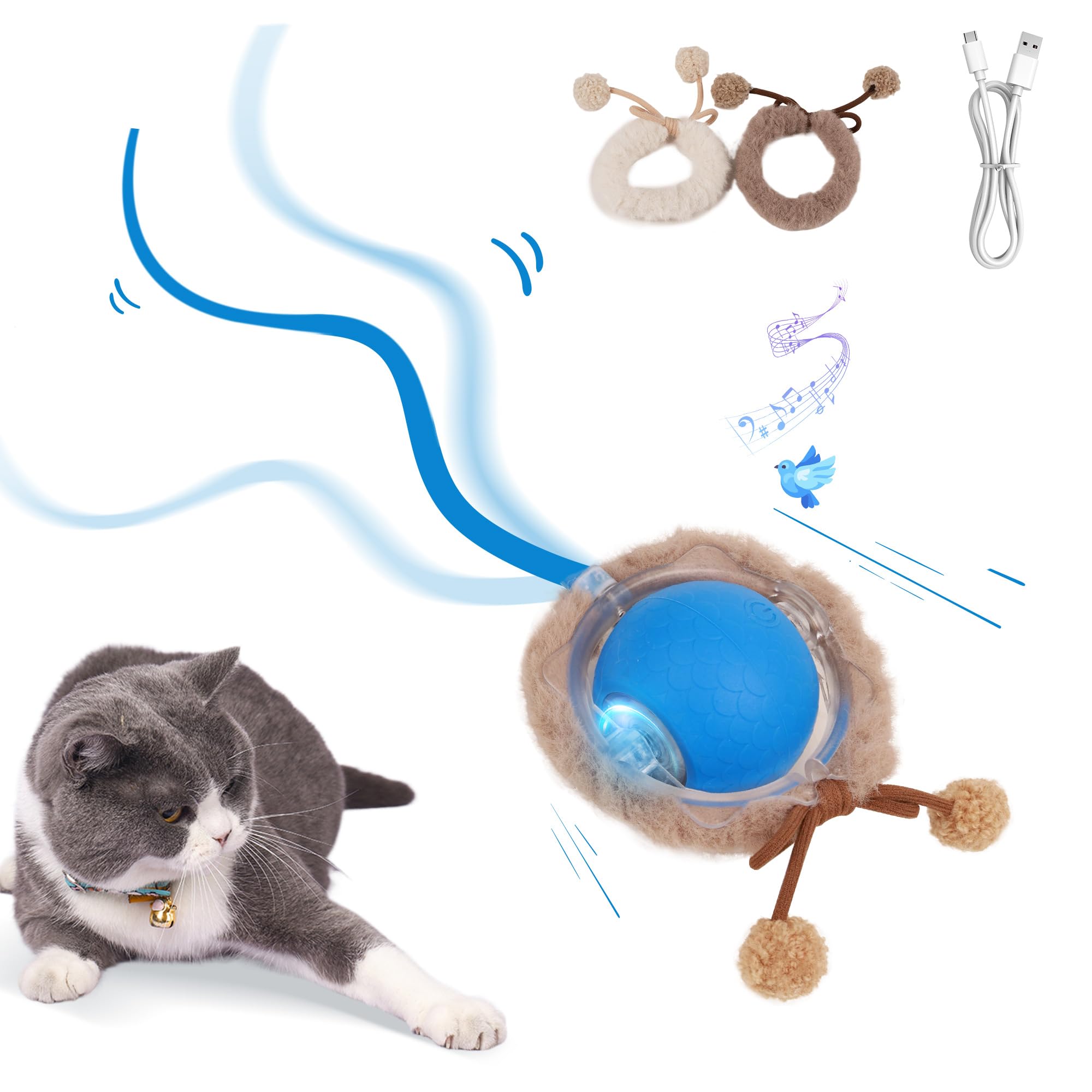 pet prime Interactive Cat Toys Ball, Electric Automatic Toys for Indoor Cats, Irregular Moving Toy with LED Light, USB Rechargeable Kitten Toys with Bird Sound Music