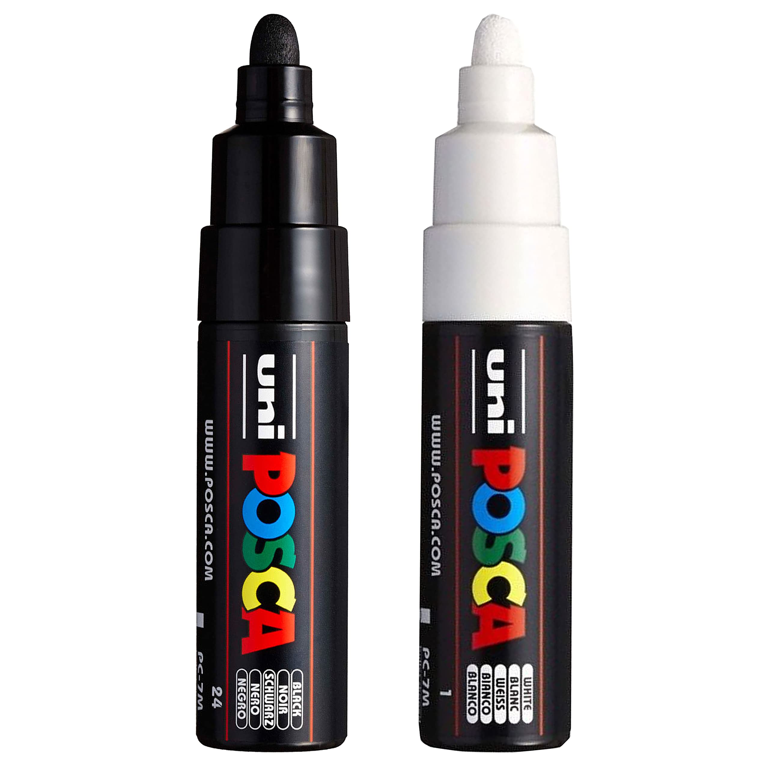 Posca Uni PC-7M Marker Art Pen - Large Bullet Tip - 4.5-5.5mm Nib - [Pack of 2] - Black and White