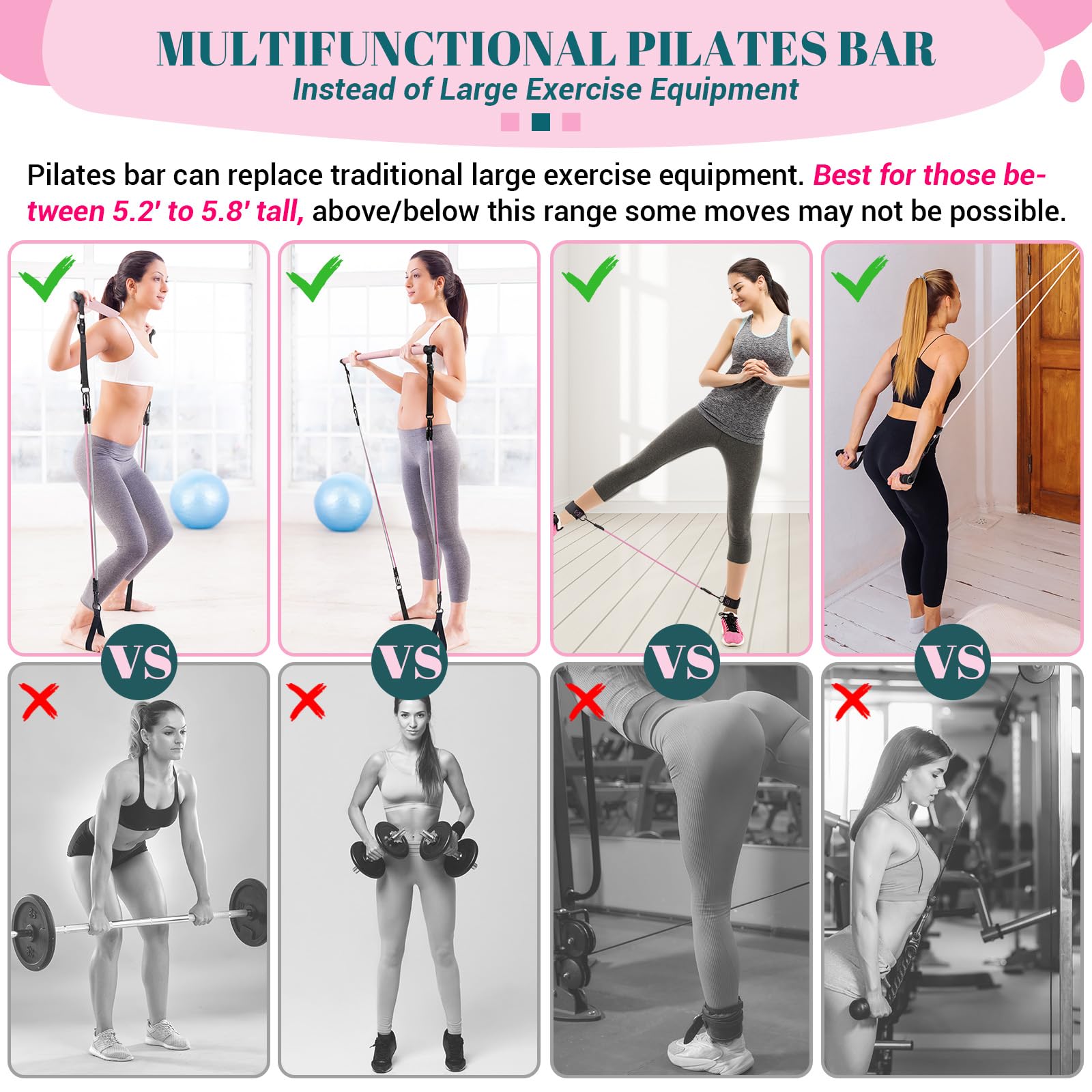 Pilates Bar Kit with Resistance Bands, Multifunctional Yoga Pilates Bar with Heavy-Duty Metal Adjustment Buckle, Portable Home Gym Pilates Resistance Bar Kit for Women Full Body Workouts