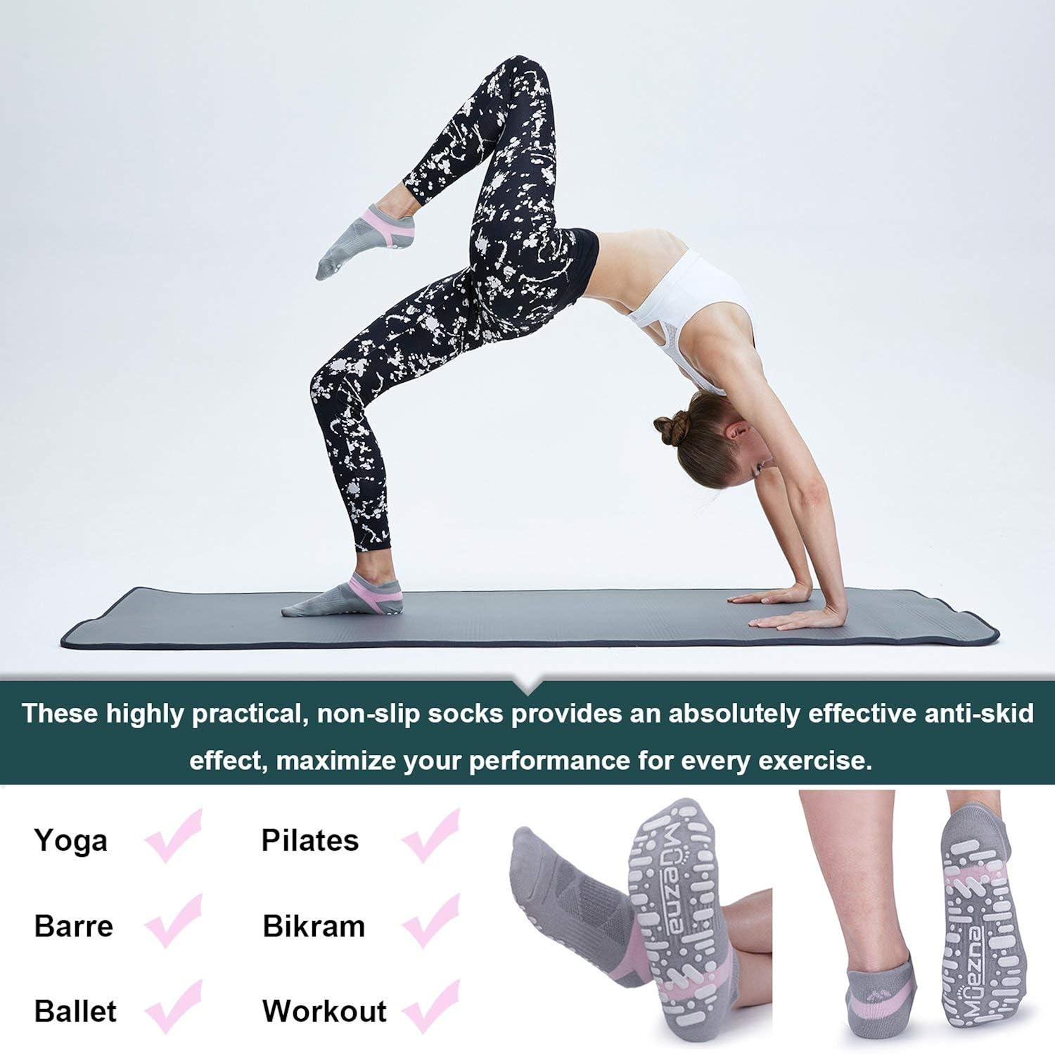 Muezna Non Slip Yoga Socks for Women, Anti-Skid Pilates, Barre, Bikram Fitness Socks with Grips, Size 5-10 (3 Pack: (Black/Navy/Burgundy)+Two-Color Grips) : Clothing