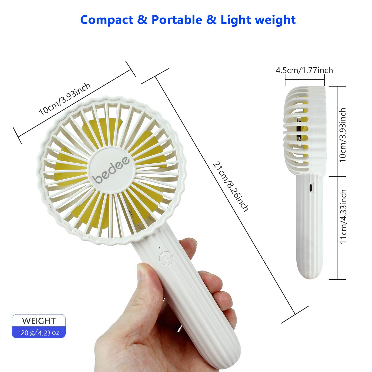 bedee Hand Held Fans Battery Operated, Mini Fan Portable, USB Rechargeable, 3 Speed Adjustable, Small, Light, usb desk fan silent Detachable Ideal For Table Pc Room Office Outdoor Travel