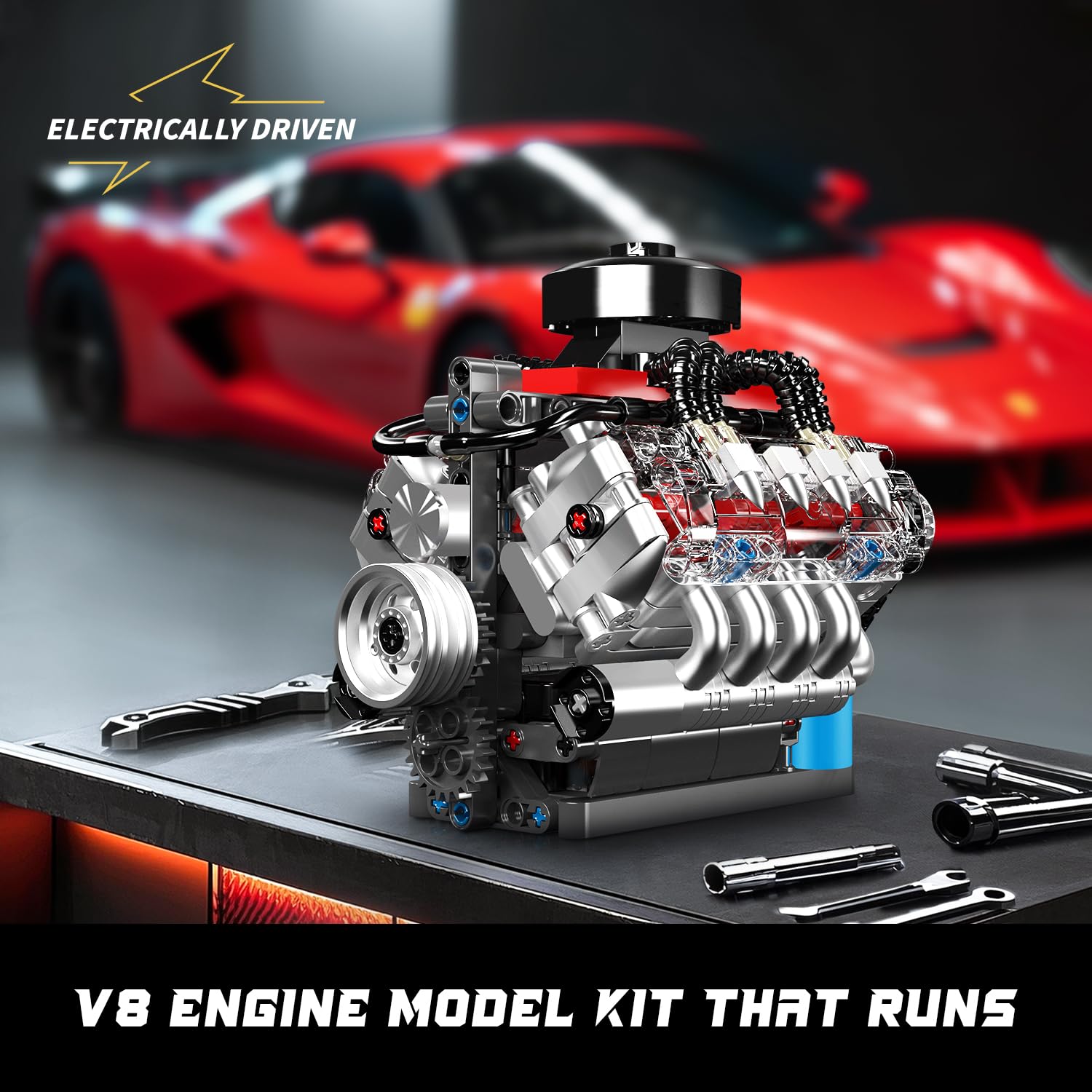 Mould King 10171 Technik V8 Motor Bausteine Spielzeug, APP V8 Motor Bausatz Auto Klemmbausteine Technik Modell Enthält Acht-Zylinder und Batteriekasten als Spielzeug/Geschenk/Sammlerstücke (487 Teile) 4