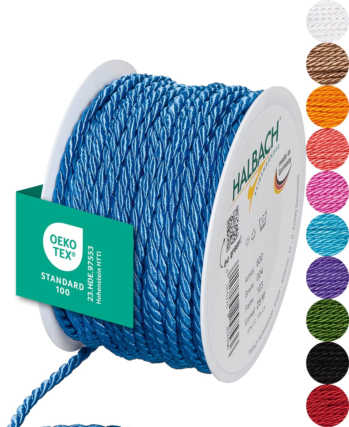 Halbach Seidenbänder Premium Cord (Azure Blue) | Width 4 mm Length 25 m | Made in Germany & Oeko-Tex Certified | Shiny Satin Cord Made of Acetate