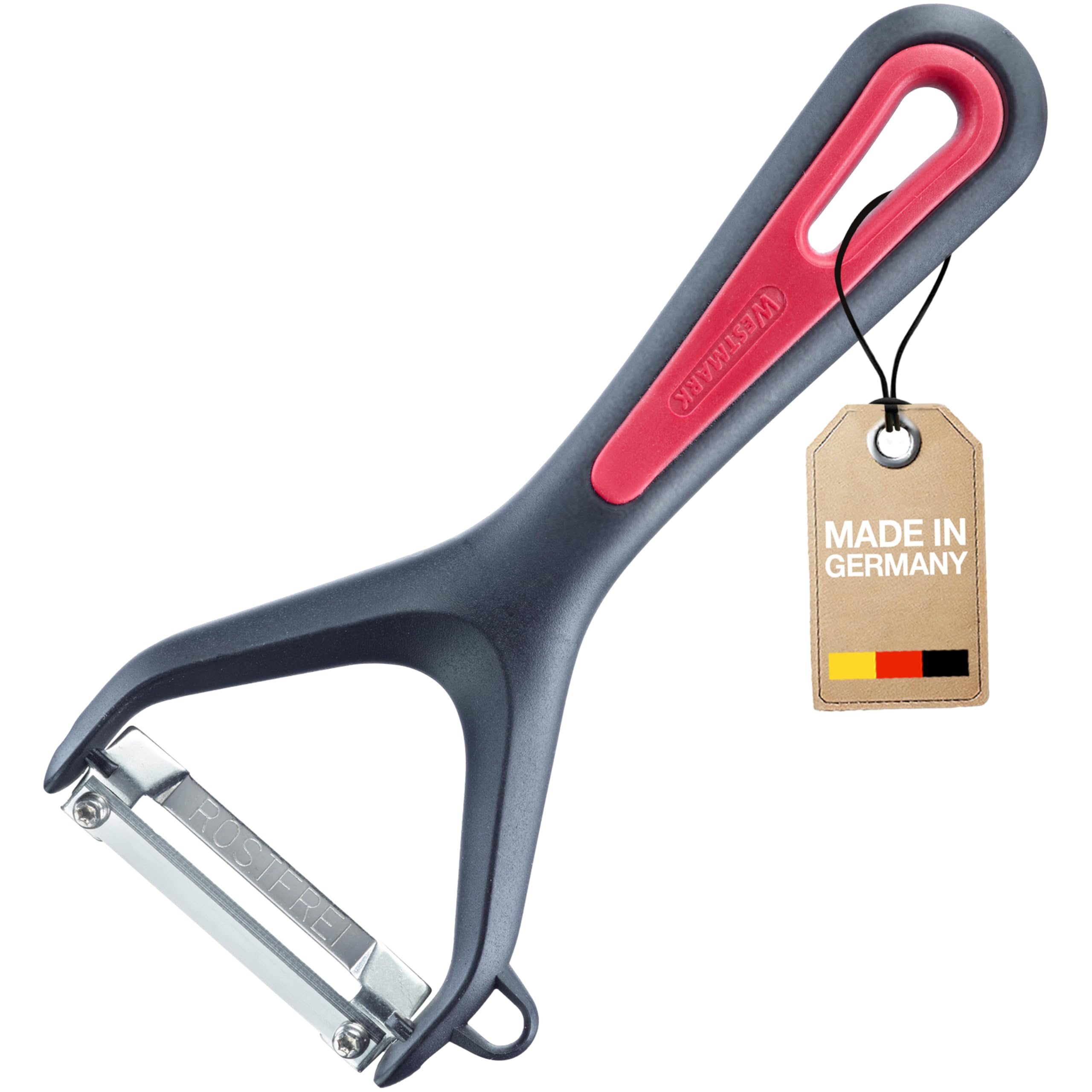 Westmark Vegetable/Asparagus Peeler with cutter, Gallant, Stainless steel blade, With blade protector, Colour: Black/Red, 290722E1