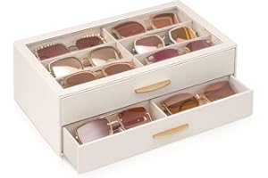 Lolalet 12 Slots Women’s Sunglasses Organizer, 2-Layer Eyewear Storage Box with Drawer, Glasses Case Display Holder with Clea