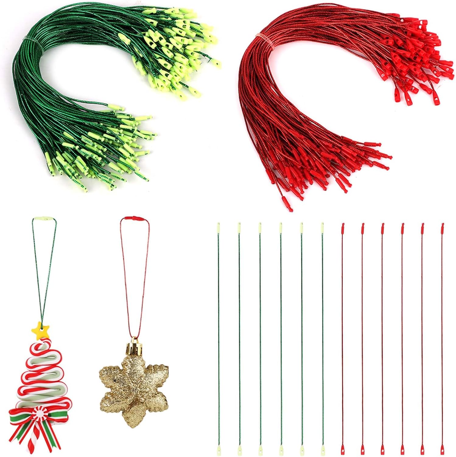 Ornament Hooks - 200pcs Christmas Ornament String Hangers, Metallic Decorative Ornament String Hangers with Snap Fasteners for Xmas Tree Hanging Holiday Party Ornament Decorations(Red Green)