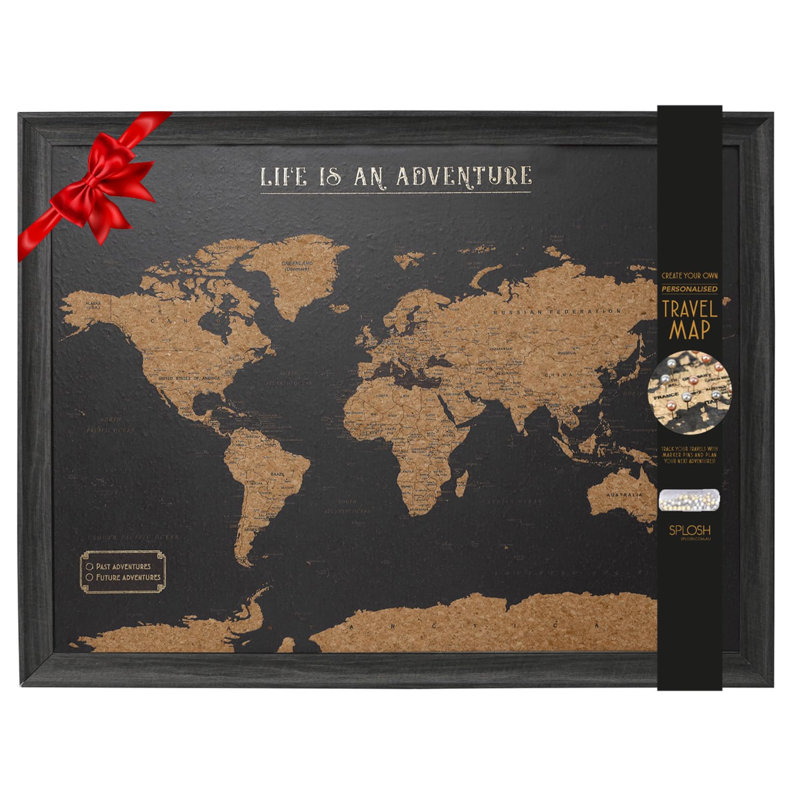 Splosh Framed Travel Map - Black Small Wooden Pin Board with 100 Pins World Map Wallpaper UK Cork Board Wooden World Map for wall, World Map Cork Board Travel Gift. Mark your past & future adventures!