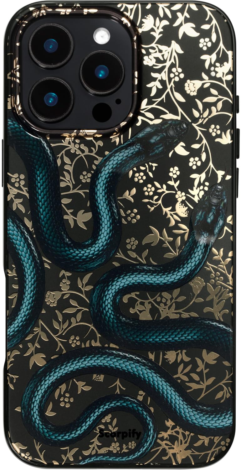 SCORPIFY for iPhone 16 Pro Case [Compatible with MagSafe] with Matte Black Double Snake Design, Cute Magnetic Phone Cover for Women Girls and Men, Slim Shockproof Bumper with Gold Accents