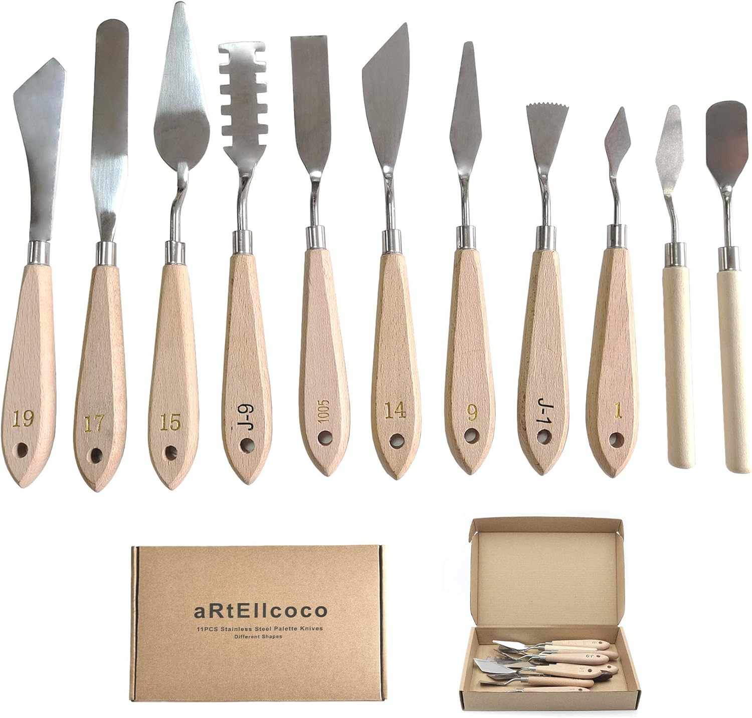 aRtEllcoco 11pcs Palette Knife Set, Painting Mixing Scraper Stainless Steel Palette Knife with Different Scrape and Sizes Wood Handle (Same Handle)