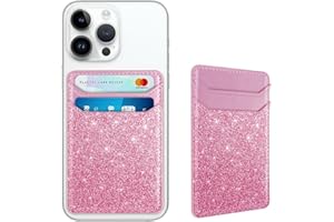 Yiyahu Self Adhesive Card Holders for Back of Phone, Leather RFID Phone Wallet Pockets Stick On, Credit Card Holders Sleeve for Phone Case, Glitter Pink
