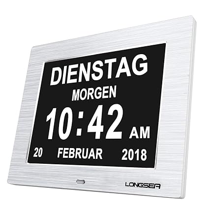 Longsea Digital Wecker Digitaler Kalender Tag Uhr Wanduhr mit Nicht Abkürzungen Tag & Monat Medikamente Erinnerungen für Alzh