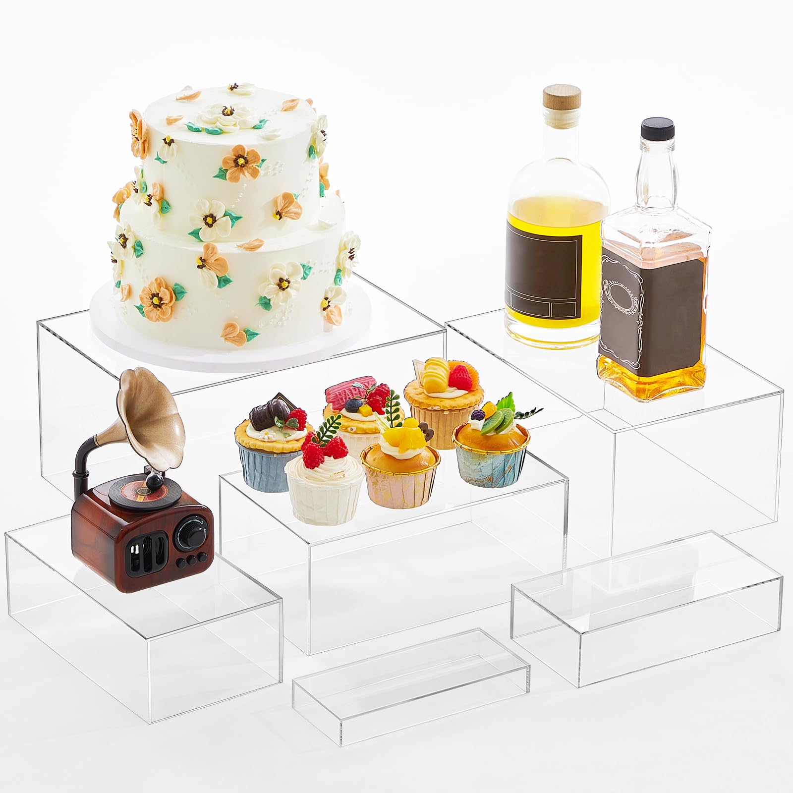 Photo 1 of Leinuosen 6 Pcs Food Risers for Buffet Table Large Buffet Risers Acrylic Display Box Acrylic Cube Display Stands for Dessert Catering Supplies(Clear,7''x3'',8''x4'',9''x5'',10''x6'',11''x7'',12''x8'')
