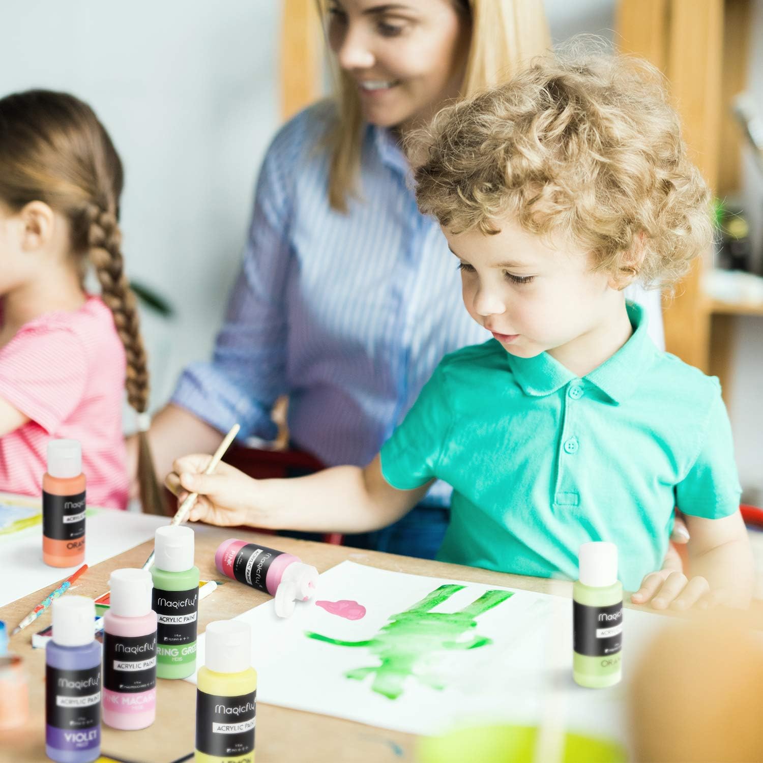 Magicfly 30 Colors Acrylic Paint Set (2fl oz/60ml Each), Non-Toxic Craft Paints with 3 Brushes, for Multi-Surface Paint on Canvas, Paper, Wood, Stone, Ceramic and Model : Office Products