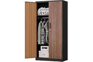 MIIIKO Metal Wardrobe Cabinet with Locking Doors, Metal Storage Armoire Closet for Clothing, 2 Door Woodgrain Locker Cabinet with Adjustable Shelves for Bedroom, Locker Room, Home Office and Garage…