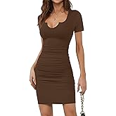 Missufe Women's Short Sleeve V Neck Ruched Bodycon Summer Casual Short T Shirt Dress