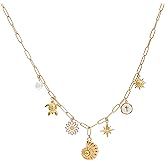 LALAPPLE Chunky Charm Necklace for Women 14K Gold Plated Stainless Steel Trendy Cute Summer Beachy Charm Pendant Hypoallergenic,Boho Summer Seashell Beach Starfish Surfer Jewelry