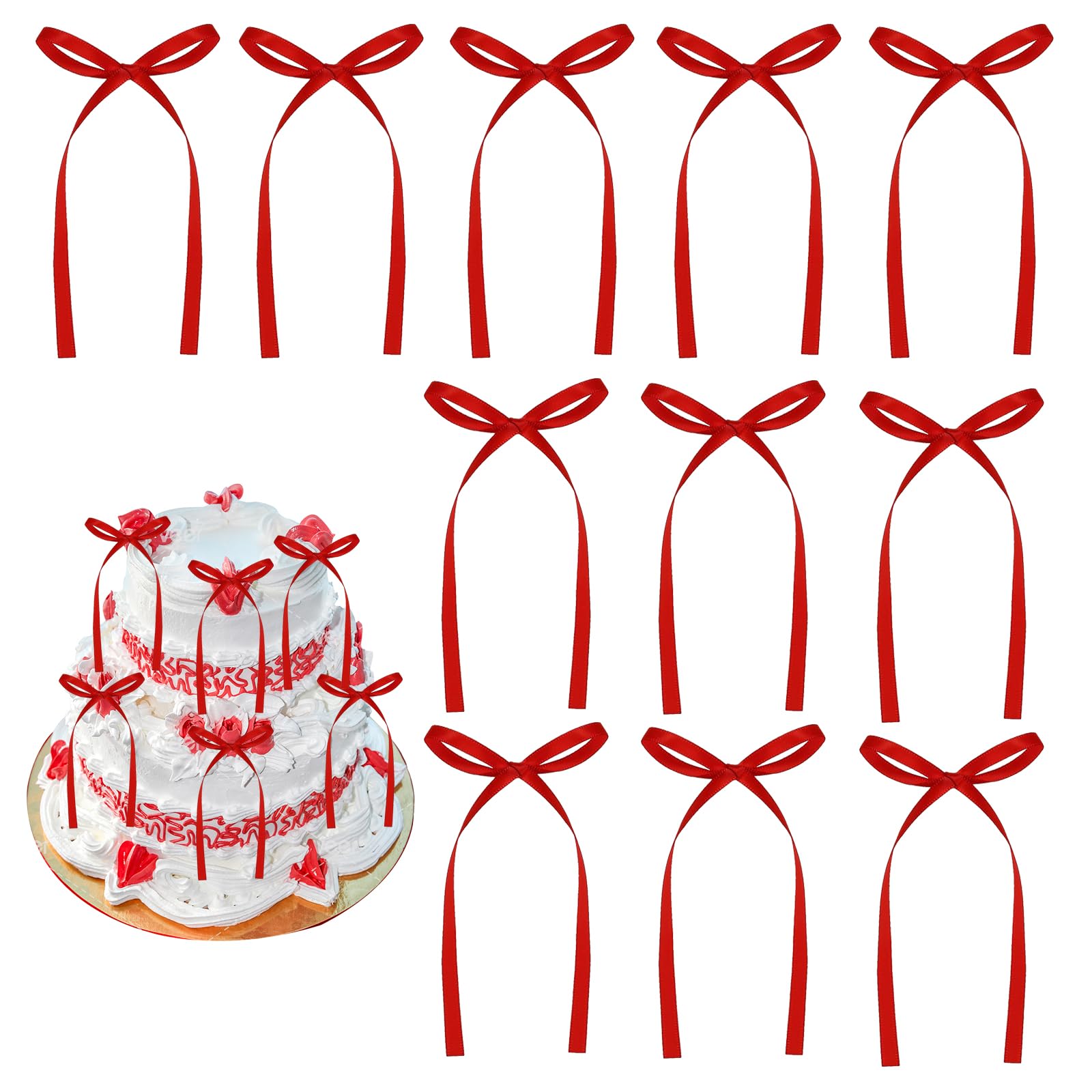 Photo 1 of 30Pcs Bow Cake Toppers Ribbon Bows for Cake Red Bow Ribbons for Coquette Valentines Day High Footed Cup Balloon Wall Galentines Day Decor,Baby Shower Birthday Wedding Party Supplies