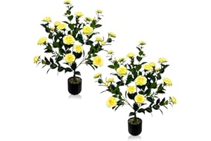 WAYNHUI Tall Artificial 2Pack Yellow Camellia Tree Potted Bushes UV Resistant Potted Plants for Indoor Outdoor Home Garden (2Pack Yellow Camellia Tree), xyc-2