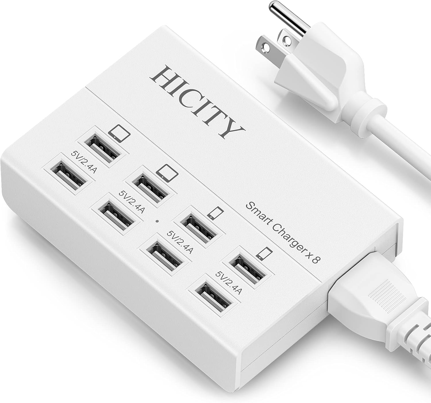 USB Charger, HICITY 50W 10A 8-Port Family-Sized Desktop USB Charging Station, ISmart Multi USB Ports Charger Hub for Multiple Devices (5ft Detachable Cord, White)