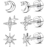 14K Gold Plated Solid 925 Sterling Silver Post Flat Back Earrings Stud | Cartilage Helix Conch Tragus Piercing Jewelry 3 Pairs Tiny Screw Dainty CZ Opal Earring Set Men Women