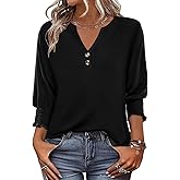 Hount 3/4 Sleeve Shirts for Women Dressy Casual Button V Neck Tops 2026 Summer Work Blouses Cute Henley Shirts