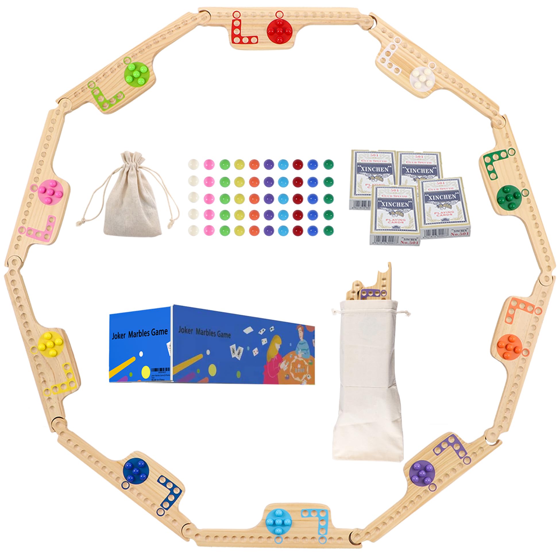 Dreamplay Gifts 10 Players Marbles and Jokers Board Game Pegs and Jokers Card Wood Game Board Portable Multiplayer Boards Include 10 Colored Marbles 4 Boxes of Card (10color)
