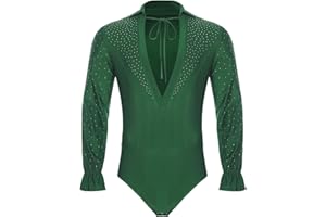FEESHOW Men's Latin Dance Shirt Leotard Deep V Neck Long Sleeve Jazz Dance Tops Tango Ballroom Dancewear