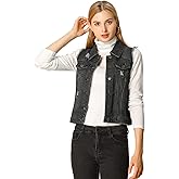 Allegra K Women Denim Vests Sleeveless Jacket Button Closure Western Washed Distressed Jean Vest