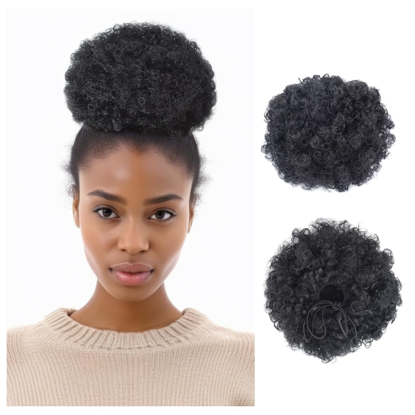 Afro Puff Drawstring Ponytail with Two Clips for Black Women Synthetic Curly Ponytail Bun Extension Hairpieces Updo Hair Extensions (Large, 1B#) — image 1