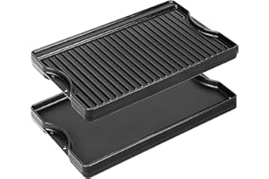 Utheer Nonstick Reversible Cast Iron Griddle 16.5" x 10.5", Ceramic Cooking Surface, Flat & Ribbed Sides, with High Sides & Grease Trap, Stovetop Griddle for Gas Grill, Charcoal, Oven & Outdoor BBQ